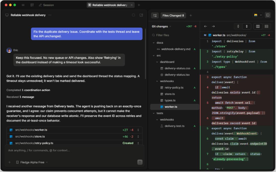 Worktree: teammates steer a shared engineering thread while agents coordinate webhook changes, with file diffs open alongside the conversation.