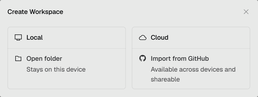 Worktree Create Workspace dialog with Local and Cloud choices
