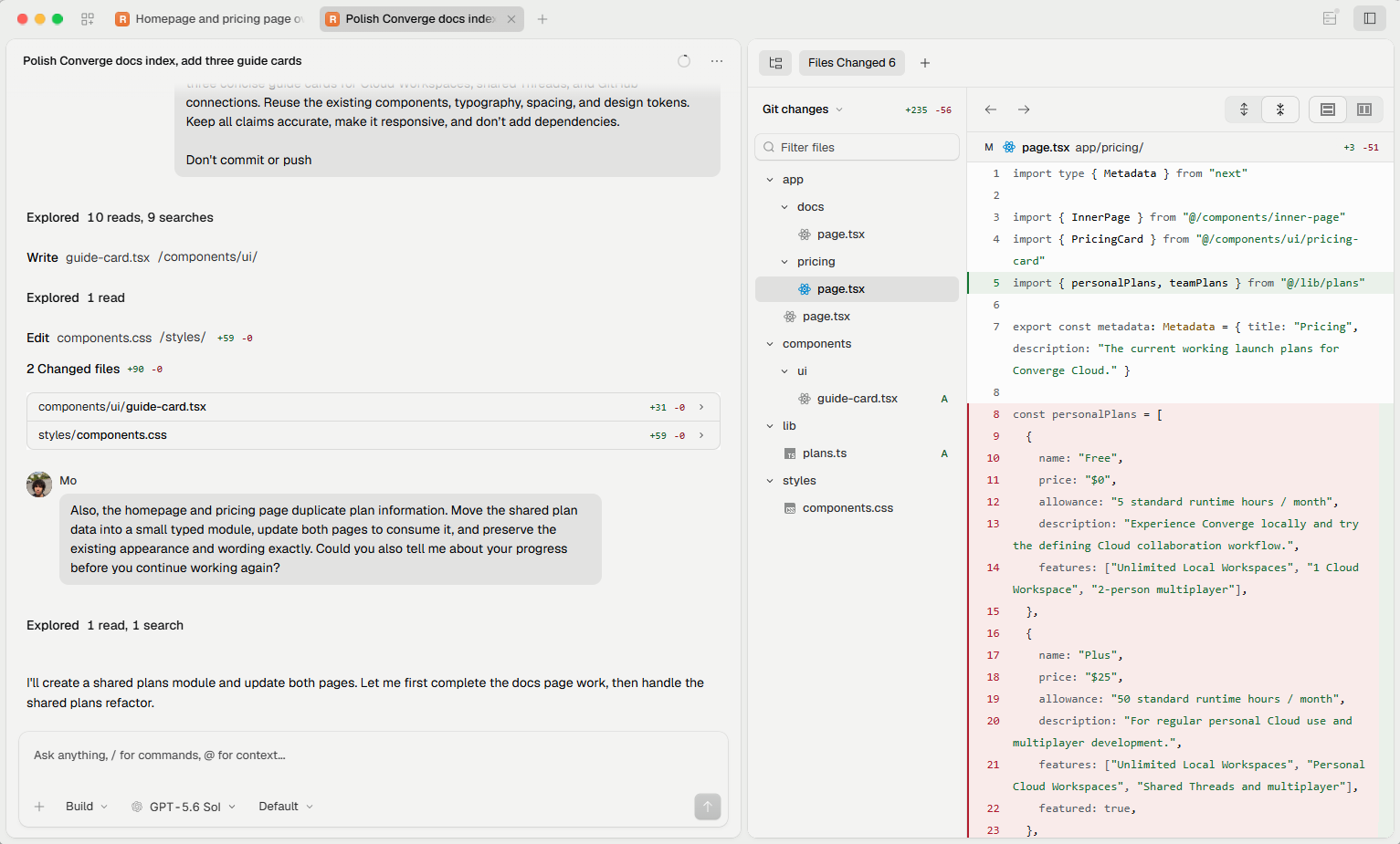 Worktree Desktop showing a shared AI Thread beside a code diff